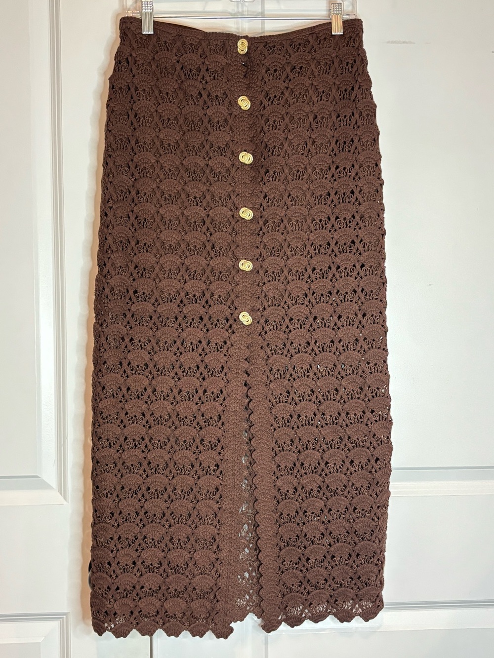 NWT H&M Edition Chocolate Brown Crochet Knit Button Front Maxi Skirt S